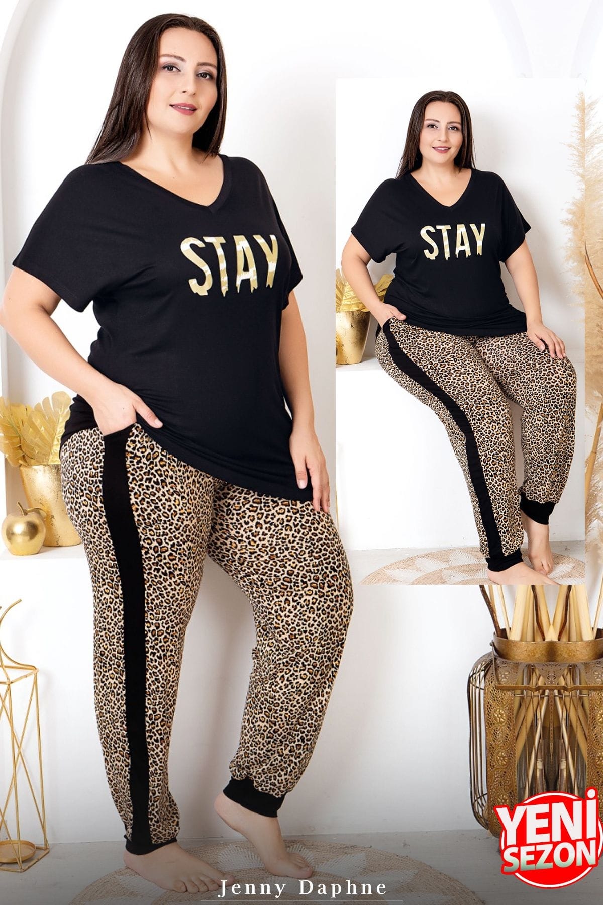 Yanları Şeritli Büyük Beden Leopar Desenli Kısa Kollu Kadın Pijama Takımı Lady 10987