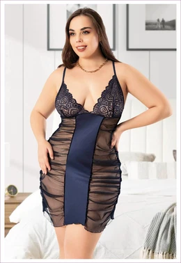 Miss Laris Yanları Transparan Büyük Beden Dantelli İnce Askılı Saten Gecelik Miss Laris 4038