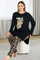Yanları Yırtmaçlı Uzun Kollu Leopar Desenli Büyük Beden Kadın Pijama Takımı Lady 11384 Siyah