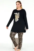 Yanları Yırtmaçlı Uzun Kollu Leopar Desenli Büyük Beden Kadın Pijama Takımı Lady 11384 Siyah detay görünüm