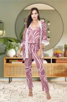 Yarım Kollu Desenli 3lü Pijama Sabahlık Takımı İzabel SB-5003 Lila