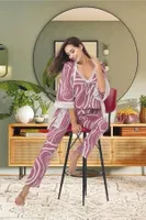 Yarım Kollu Desenli 3lü Pijama Sabahlık Takımı İzabel SB-5003 Lila detay görünüm