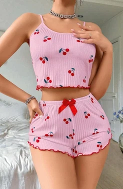 Ruselin Yeni Sezon Kiraz Desenli Fitilli Pamuklu Şortlu Takım Ruselin 5044