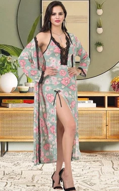 İzabel Yeşil Çiçekli Uzun Sabahlıklı Gecelik Takım İzabel US-6005 - Alternatif Görünüm