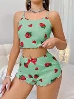 Yeşil Çilek Desenli Askılı Yazlık Pijama Şort Takım Lily Bianca 13102 Yeşil