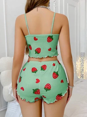 Lily Bianca Yeşil Çilek Desenli Askılı Yazlık Pijama Şort Takım Lily Bianca 13102 - Alternatif Görünüm