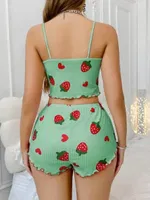 Yeşil Çilek Desenli Askılı Yazlık Pijama Şort Takım Lily Bianca 13102 Yeşil detay görünüm