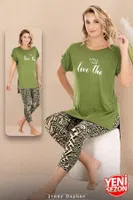 Yeşil Desenli Kısa Kollu Rahat Kesim Viskon Kapri Pijama Takımı Lady 12075 Yeşil