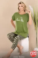Yeşil Desenli Kısa Kollu Rahat Kesim Viskon Kapri Pijama Takımı Lady 12075 Yeşil detay görünüm