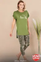 Yeşil Desenli Kısa Kollu Rahat Kesim Viskon Kapri Pijama Takımı Lady 12075 Yeşil farklı açı