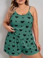 Yeşil Kalpli Askılı Büyük Beden Şort Pijama Takım Lily Bianca 13071 Yeşil