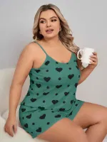 Yeşil Kalpli Askılı Büyük Beden Şort Pijama Takım Lily Bianca 13071 Yeşil detay görünüm