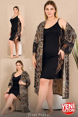Lady Yılan Desenli Büyük Beden Sabahlık Dantelli 2'li Gecelik Takımı Lady 19236