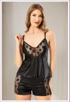 Yıldız Dantelli İnce Askılı Saten Şort Pijama Takımı Miss Laris 3131 Siyah