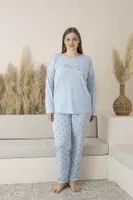 Yıldız Desenli Uzun Kollu Viskon Büyük Beden Kadın Pijama Takımı Estiva 25146 Mavi