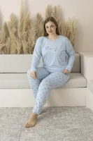 Yıldız Desenli Uzun Kollu Viskon Büyük Beden Kadın Pijama Takımı Estiva 25146 Mavi detay görünüm