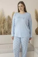 Yıldız Desenli Uzun Kollu Viskon Büyük Beden Kadın Pijama Takımı Estiva 25146 Mavi görsel 5