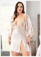 Saten Yırtmaçlı Büyük Beden Dantelli Gecelik Sabahlık Takımı Miss Laris 6004 Ekru