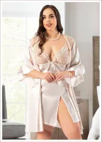 Saten Yırtmaçlı Büyük Beden Dantelli Gecelik Sabahlık Takımı Miss Laris 6004 Ekru detay görünüm