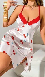 Ruselin Yırtmaçlı Göğüs Dantelli İnce Askılı Saten Kirazlı Gecelik Ruselin 2230