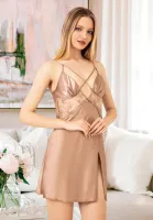 Yırtmaçlı İnce Çapraz Askılı Saten Fantazi Kadın Gecelik Miss Laris 2080 Bej