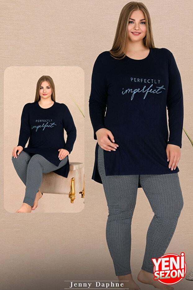 Yırtmaçlı Uzun Kollu Yuvarlak Yaka Büyük Beden Kadın Pijama Takımı Lady 11311