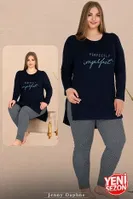 Yırtmaçlı Uzun Kollu Yuvarlak Yaka Büyük Beden Kadın Pijama Takımı Lady 11311 Siyah