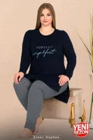 Yırtmaçlı Uzun Kollu Yuvarlak Yaka Büyük Beden Kadın Pijama Takımı Lady 11311 Siyah detay görünüm