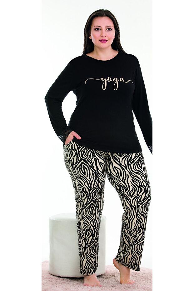Yoga Uzun Kollu Zebra Desenli Cepli Büyük Beden Kadın Pijama Takımı Lady 11370