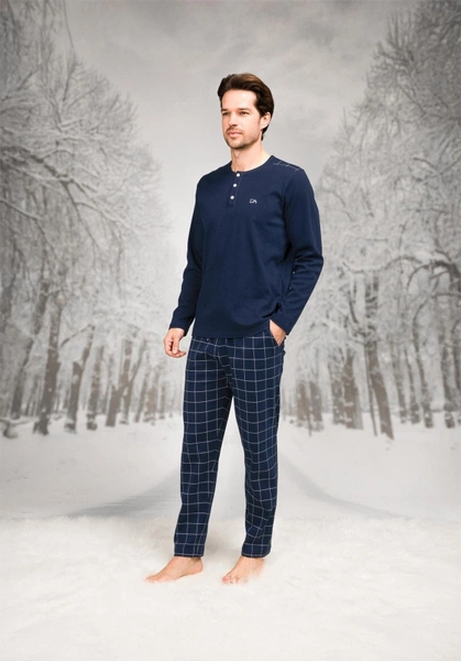 Yuvarlak Düğmeli Yaka Desenli Uzun Kollu Erkek Pijama Takım Doreanse 26K4603