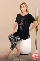 Yuvarlak Yaka Çiçek Desenli Kısa Kollu Kapri Kadın Pijama Takımı Lady 12078 Siyah detay görünüm