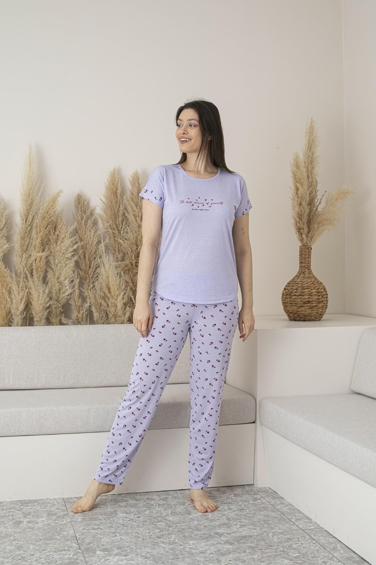 Yuvarlak Yaka Desenli Kısa Kollu Viskon Kadın Pijama Takımı Estiva 25109