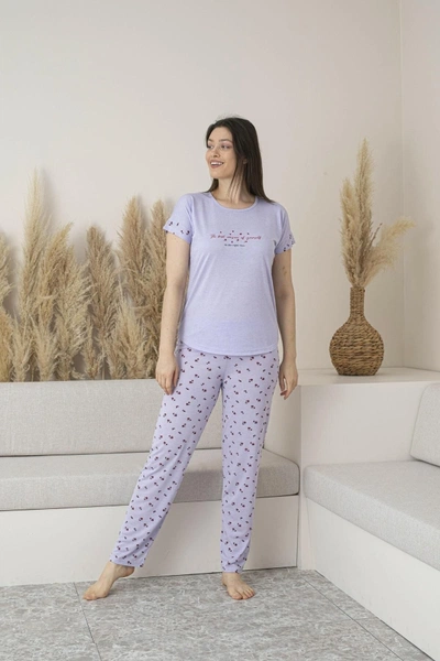 Yuvarlak Yaka Desenli Kısa Kollu Viskon Kadın Pijama Takımı Estiva 25109