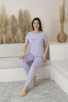 Yuvarlak Yaka Desenli Kısa Kollu Viskon Kadın Pijama Takımı Estiva 25109 Lila görsel 4