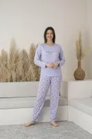 Yuvarlak Yaka Yazlık Desenli Uzun Kollu Viskon Kadın Pijama Takımı Estiva 25114 Lila