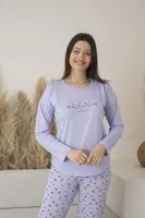 Yuvarlak Yaka Yazlık Desenli Uzun Kollu Viskon Kadın Pijama Takımı Estiva 25114 Lila detay görünüm