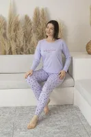 Yuvarlak Yaka Yazlık Desenli Uzun Kollu Viskon Kadın Pijama Takımı Estiva 25114 Lila görsel 4