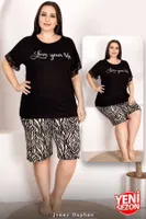 Zebra Desen Kısa Kollu Kol Dantel Büyük Beden Şort Pijama Takımı Lady 10400 Siyah