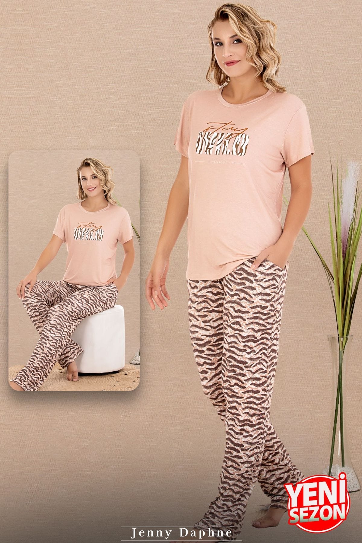 Zebra Desenli Bisiklet Yaka Kısa Kollu Kadın Pijama Takımı Lady 12595