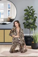Zebra Desenli Düğmeli Uzun Kollu Pijama Takımı İzabel 4002 Kahverengi detay görünüm