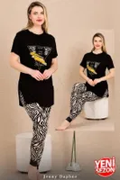 Zebra Desenli Manşetli Paçalı Kısa Kollu Pijama Takımı Lady 12484 Siyah