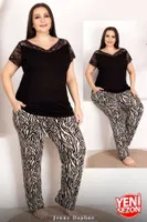 Zebra Desenli Omuz Dantelli Büyük Beden Pijama Takımı Lady 10949 Siyah
