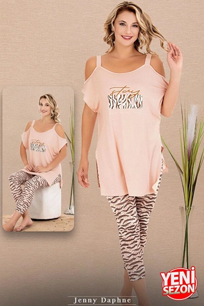 Zebra Desenli Omuzları Açık Kısa Kollu Kapri Kadın Pijama Takımı Lady 12076