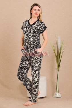Lady Zebra Desenli Pamuk Viskon Kısa Kol Pijama Takımı Lady 12497