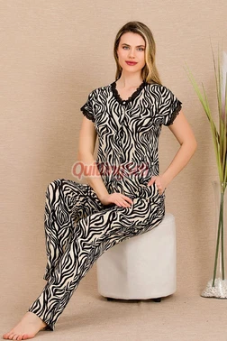 Lady Zebra Desenli Pamuk Viskon Kısa Kol Pijama Takımı Lady 12497 - Alternatif Görünüm