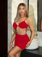 Zincirli Dekolteli Kırmızı Mini Club Elbise Real Passione E1034 Kırmızı görsel 4