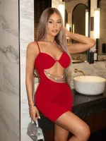 Zincirli Dekolteli Kırmızı Mini Club Elbise Real Passione E1034 Kırmızı görsel 5