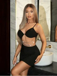 Zincirli Siyah Dekolteli Midi Seksi Elbise Real Passione E1033