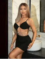 Zincirli Siyah Dekolteli Midi Seksi Elbise Real Passione E1033 Siyah