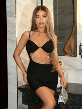 Zincirli Siyah Dekolteli Midi Seksi Elbise Real Passione E1033 - Alternatif Görünüm